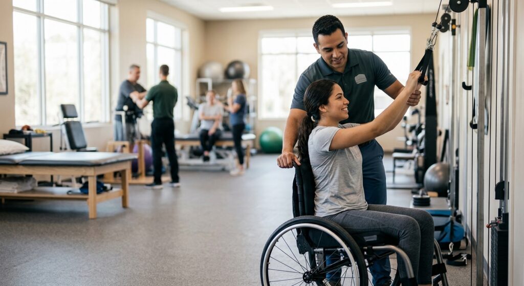 Joven en silla de ruedas con fisioterapeuta en gimnasio de rehabilitación de lesiones de médula espinal.