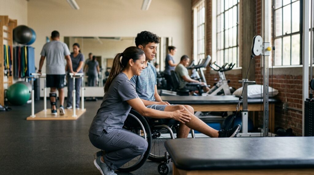 Joven en silla de ruedas con fisioterapeuta en gimnasio de rehabilitación de lesiones medulares.