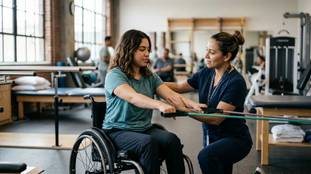 Joven en silla de ruedas con fisioterapeuta en gimnasio de rehabilitación por lesión medular.