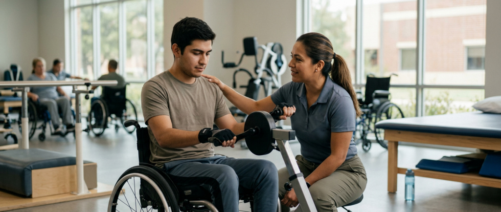 Joven en silla de ruedas con fisioterapeuta en gimnasio de rehabilitación por lesión medular.