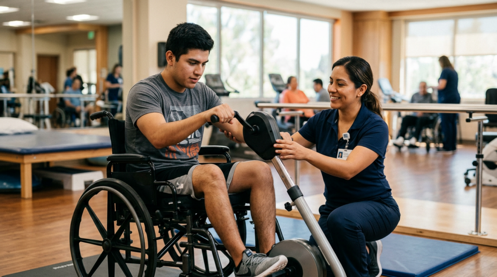 Joven en silla de ruedas con fisioterapeuta en gimnasio de rehabilitación por lesión medular.