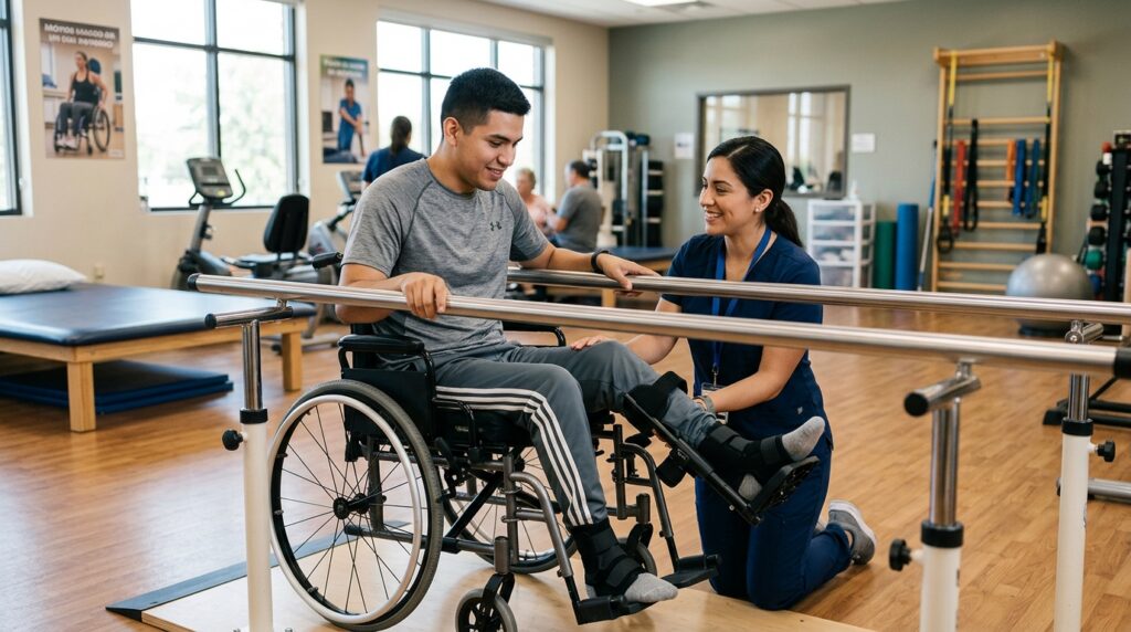 Joven en silla de ruedas con fisioterapeuta en gimnasio de rehabilitación de lesión medular.