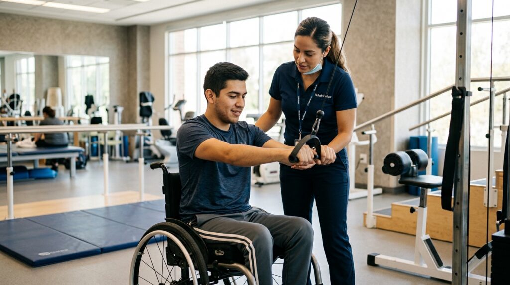 Joven en silla de ruedas con fisioterapeuta en gimnasio de rehabilitación de lesiones medulares.