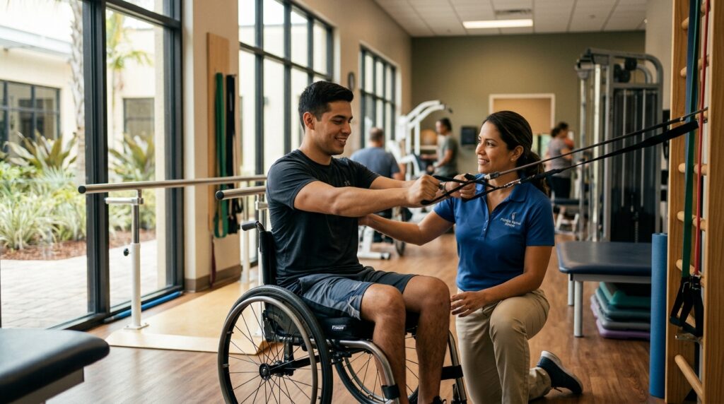 Joven en silla de ruedas con fisioterapeuta en gimnasio de rehabilitación por lesión medular.
