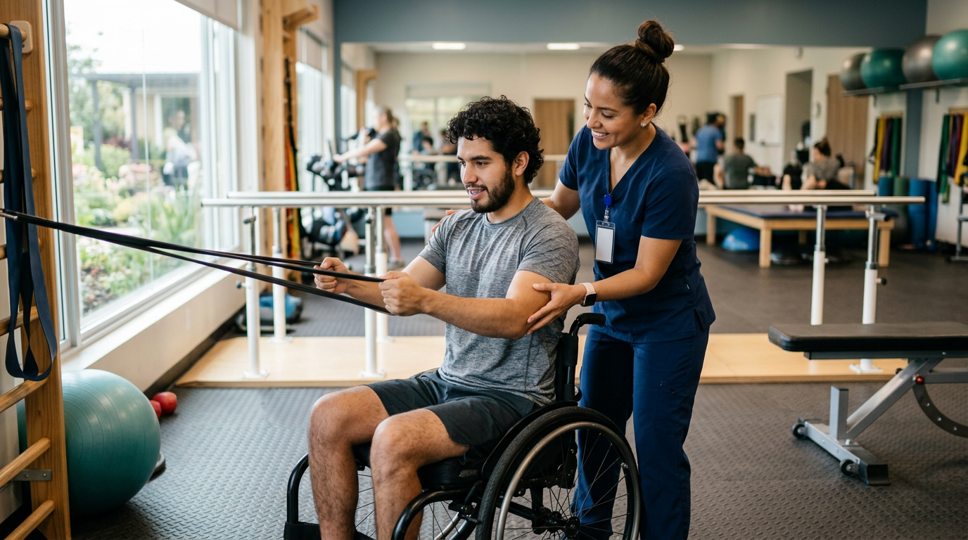 Joven en silla de ruedas con fisioterapeuta en gimnasio de rehabilitación de lesiones de columna.
