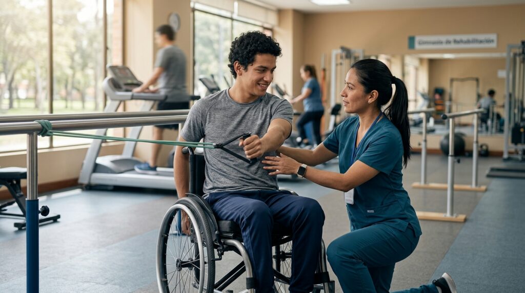 Joven en silla de ruedas con fisioterapeuta en gimnasio de rehabilitación de lesiones medulares.