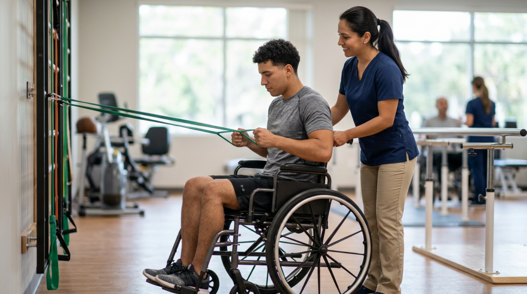 Joven en silla de ruedas con fisioterapeuta en gimnasio de rehabilitación por lesión medular.