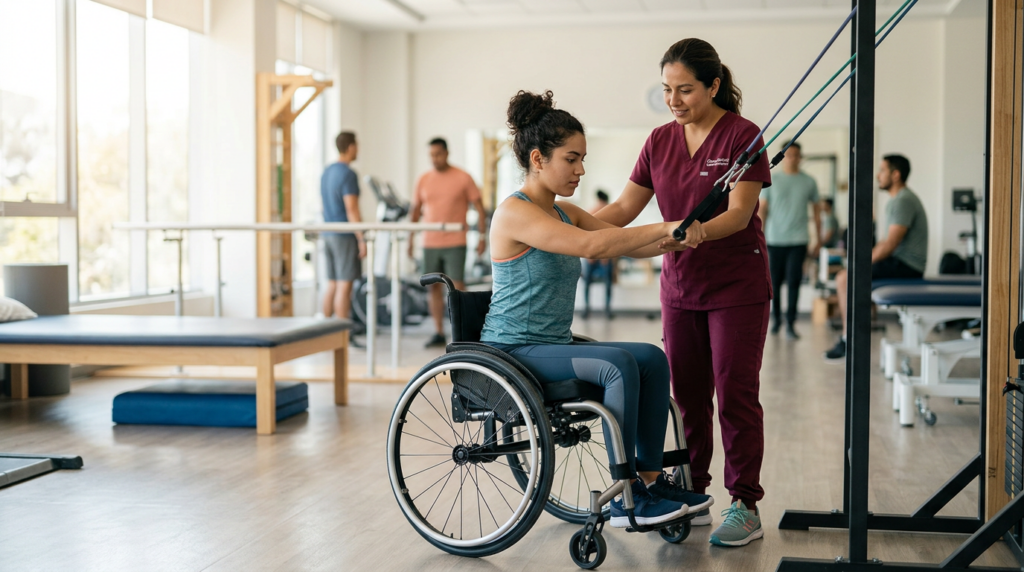 Joven en silla de ruedas con fisioterapeuta en gimnasio de rehabilitación de lesiones medulares.