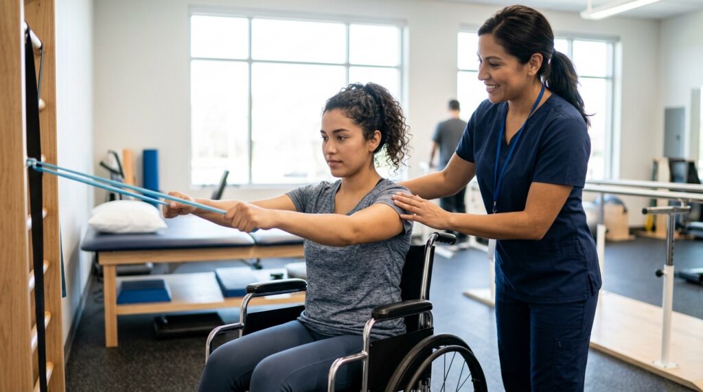 Joven en silla de ruedas con fisioterapeuta en gimnasio de rehabilitación de lesiones medulares.