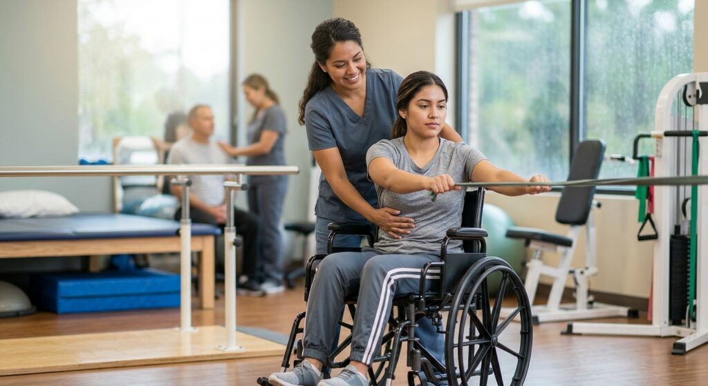 Joven en silla de ruedas con fisioterapeuta en gimnasio de rehabilitación por lesión medular.