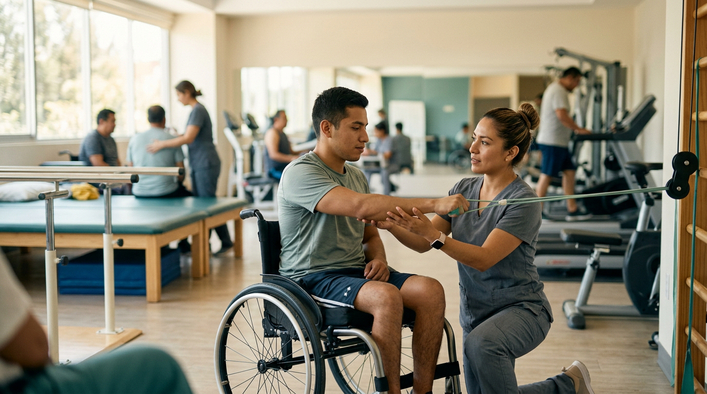 Joven en silla de ruedas con fisioterapeuta en gimnasio de rehabilitación de lesiones medulares.