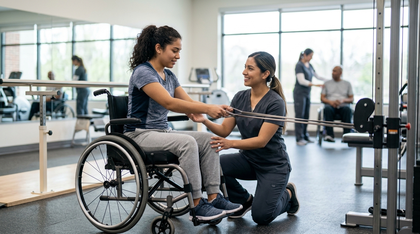 Joven en silla de ruedas con fisioterapeuta en gimnasio de rehabilitación por lesión medular.