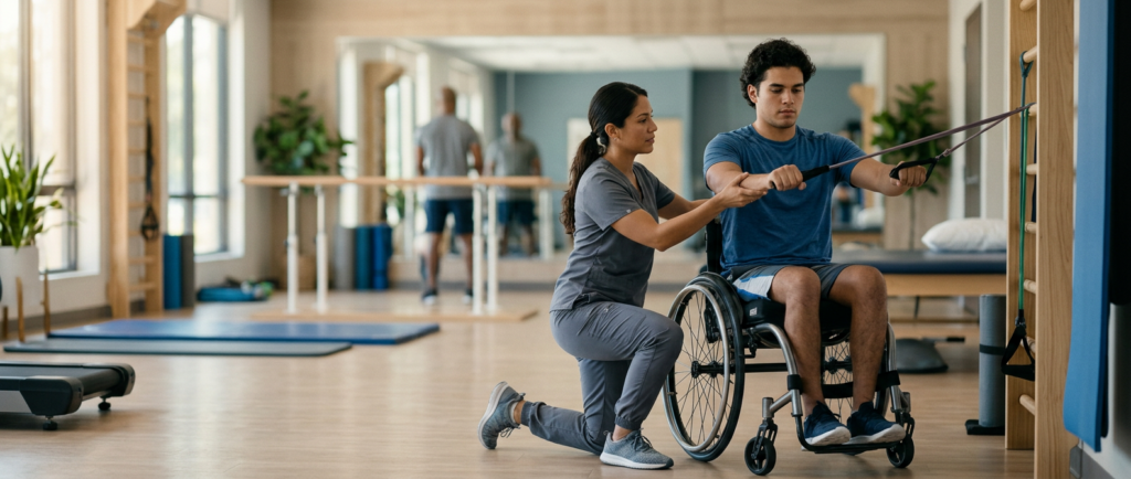 Joven en silla de ruedas con fisioterapeuta en un gimnasio de rehabilitación por lesión medular.