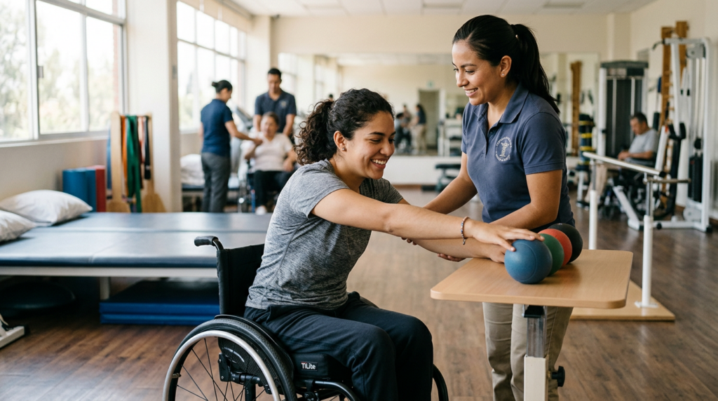 Joven en silla de ruedas con fisioterapeuta en un gimnasio de rehabilitación.
