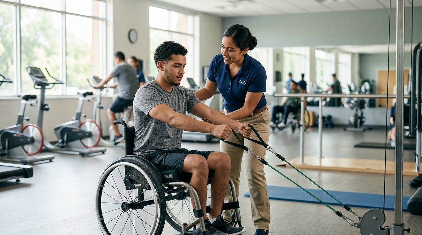 Joven en silla de ruedas con fisioterapeuta en un gimnasio de rehabilitación de lesiones medulares.