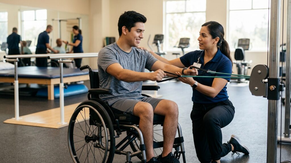 Joven en silla de ruedas con fisioterapeuta en un gimnasio de rehabilitación de lesiones medulares.