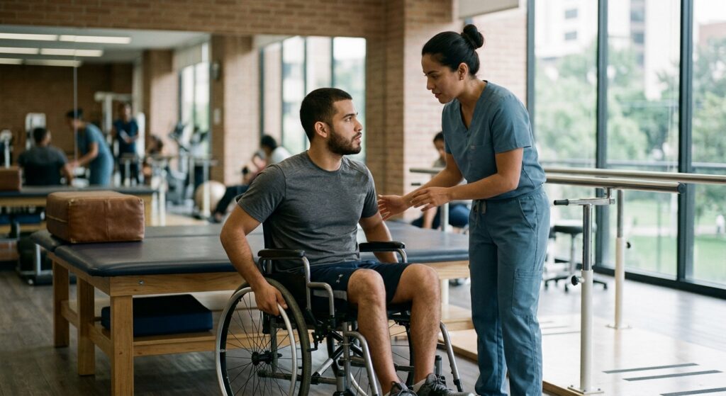 Joven en silla de ruedas con fisioterapeuta en un gimnasio de rehabilitación por lesión medular.