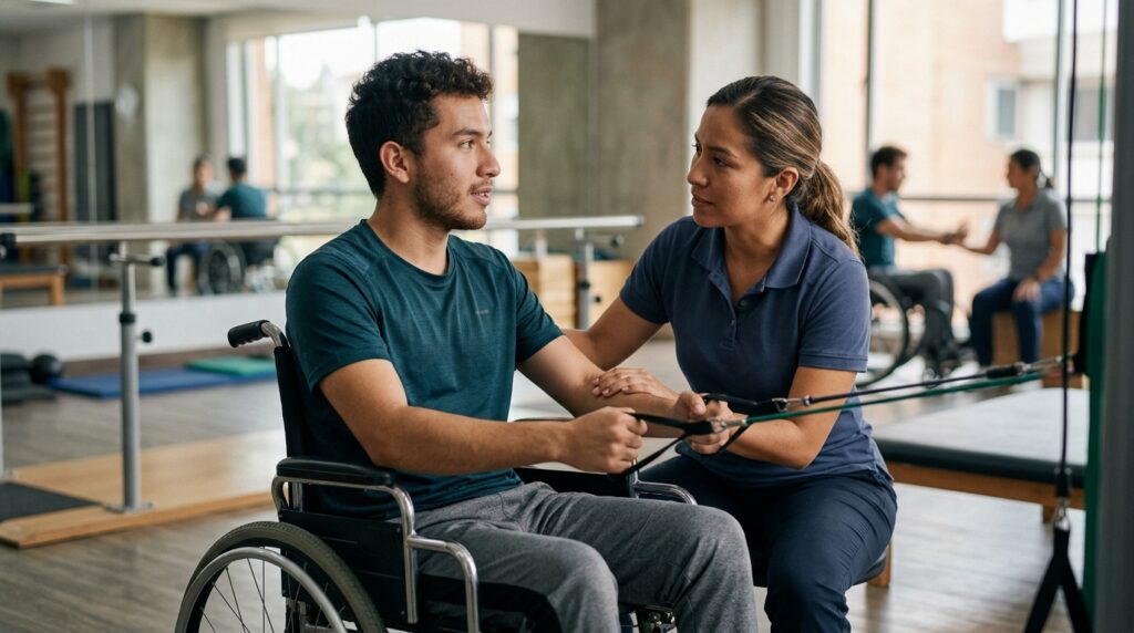 Joven en silla de ruedas con fisioterapeuta en un gimnasio de rehabilitación de lesiones medulares.