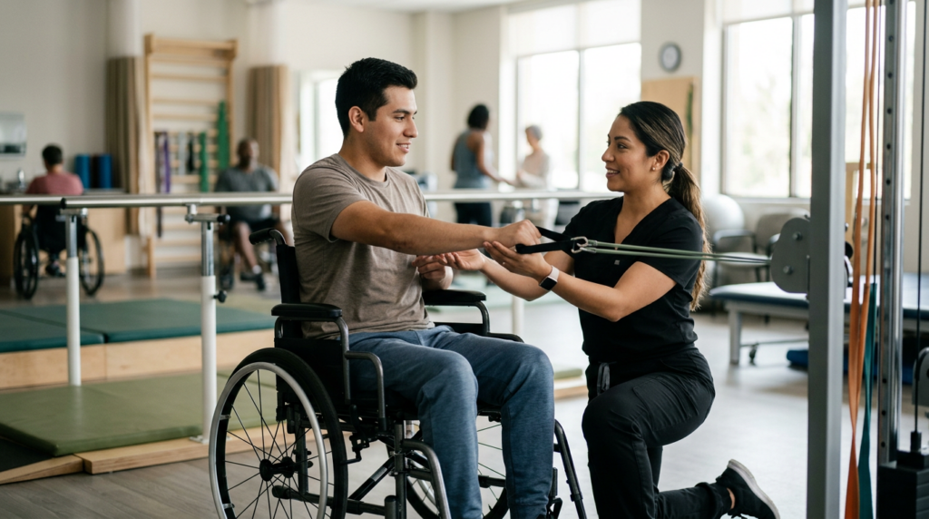 Joven en silla de ruedas con fisioterapeuta en un gimnasio de rehabilitación de lesiones medulares.