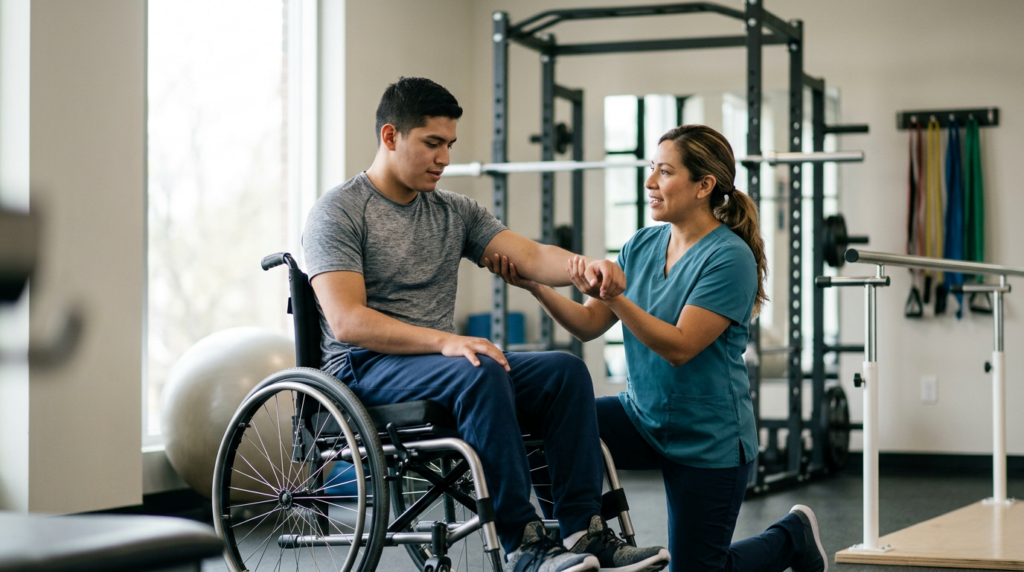 Joven en silla de ruedas con fisioterapeuta en un gimnasio de rehabilitación de lesiones medulares.