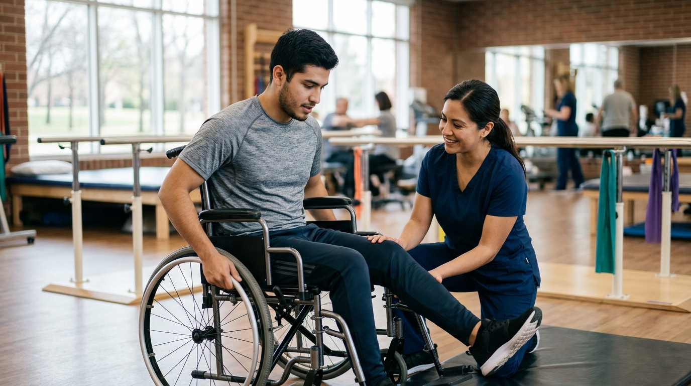 Joven en silla de ruedas con fisioterapeuta en un gimnasio de rehabilitación de lesiones de médula espinal.