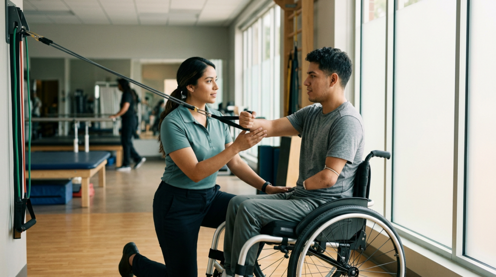 Joven en silla de ruedas con fisioterapeuta en un gimnasio de rehabilitación de lesiones medulares.
