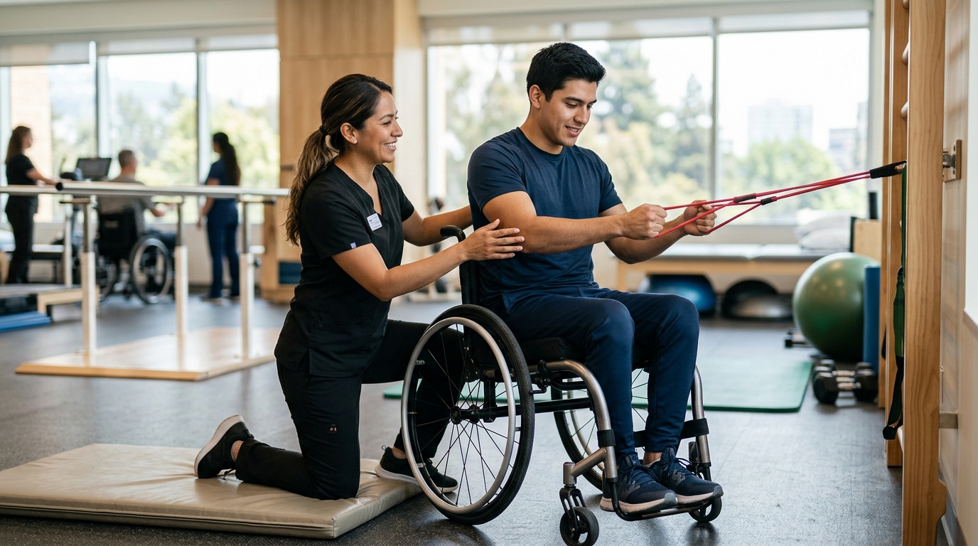 Joven en silla de ruedas con fisioterapeuta en un gimnasio de rehabilitación de lesiones medulares.