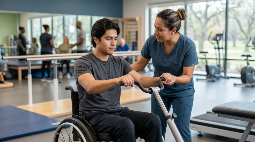 Joven en silla de ruedas con fisioterapeuta en un gimnasio de rehabilitación de lesiones medulares.