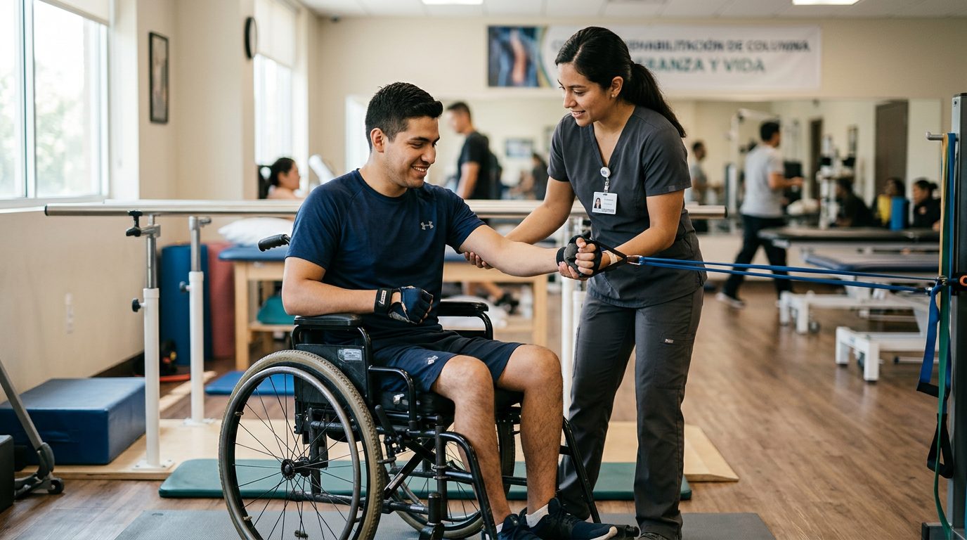 Joven en silla de ruedas con terapeuta en gimnasio de rehabilitación de lesión medular.