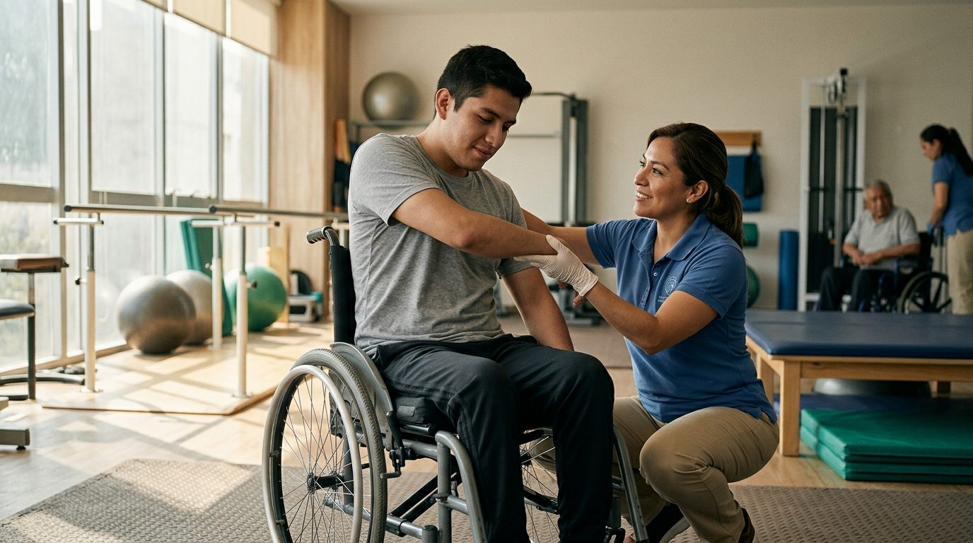 Joven en silla de ruedas con terapeuta en gimnasio de rehabilitación de lesión medular.