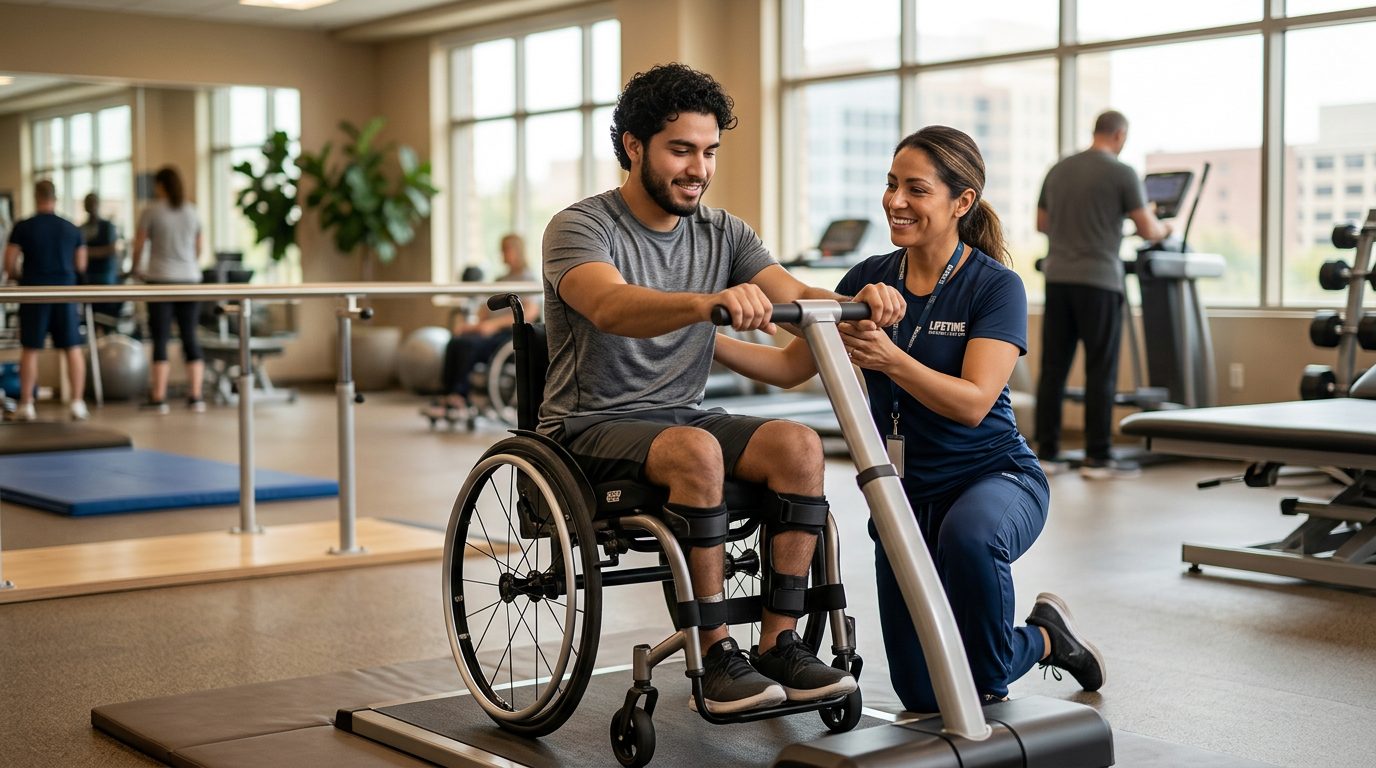 Joven en silla de ruedas con terapeuta en gimnasio de rehabilitación de lesión medular.