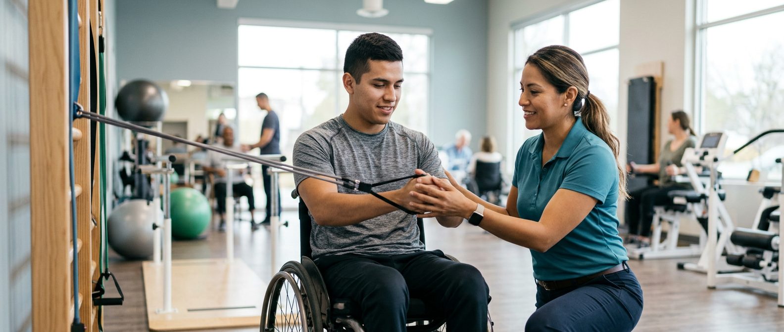 Joven en silla de ruedas con terapeuta en gimnasio de rehabilitación de lesión medular.