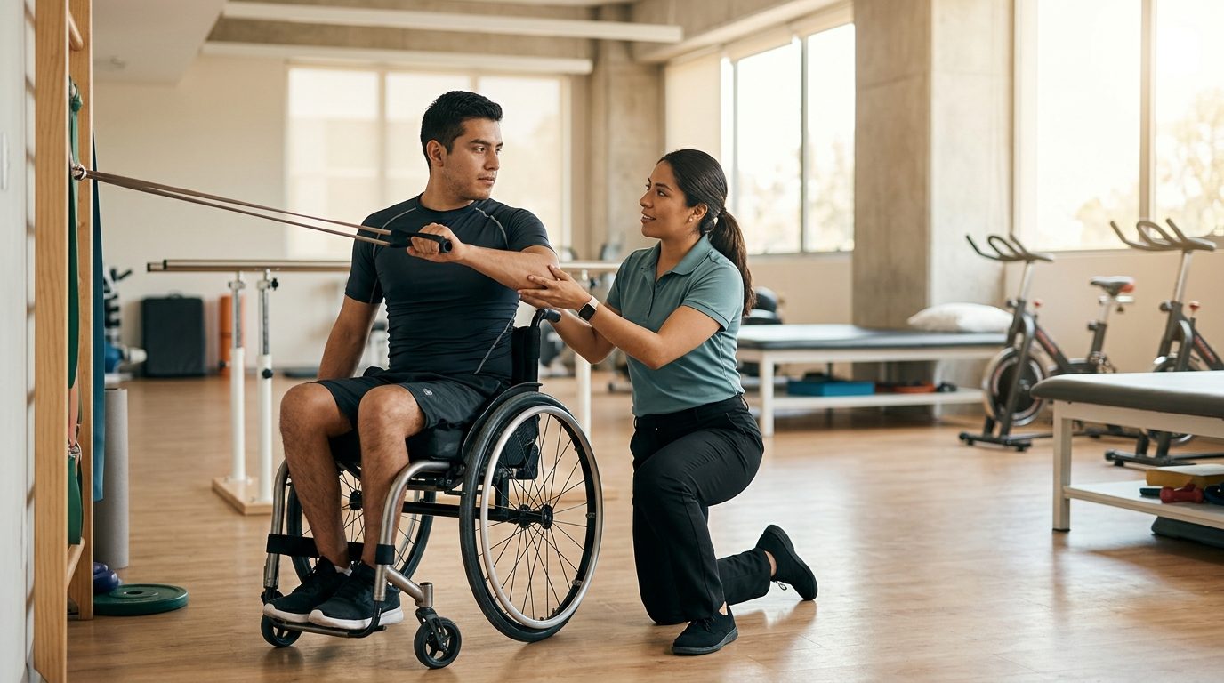 Joven en silla de ruedas con terapeuta en gimnasio de rehabilitación de lesión medular.