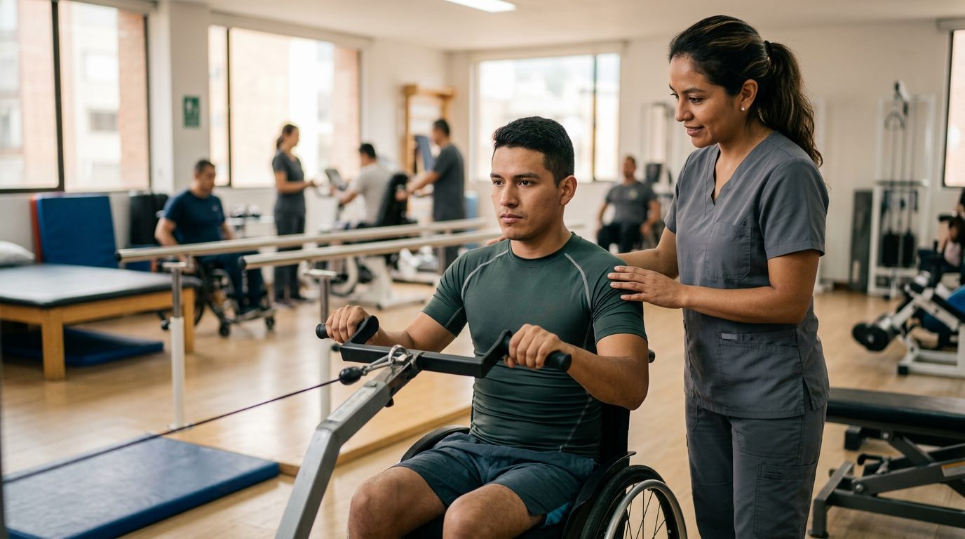 Joven en silla de ruedas con terapeuta físico en gimnasio de rehabilitación por lesión medular.