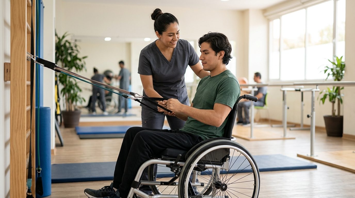 Joven en silla de ruedas con terapeuta físico en gimnasio de rehabilitación de lesión medular.
