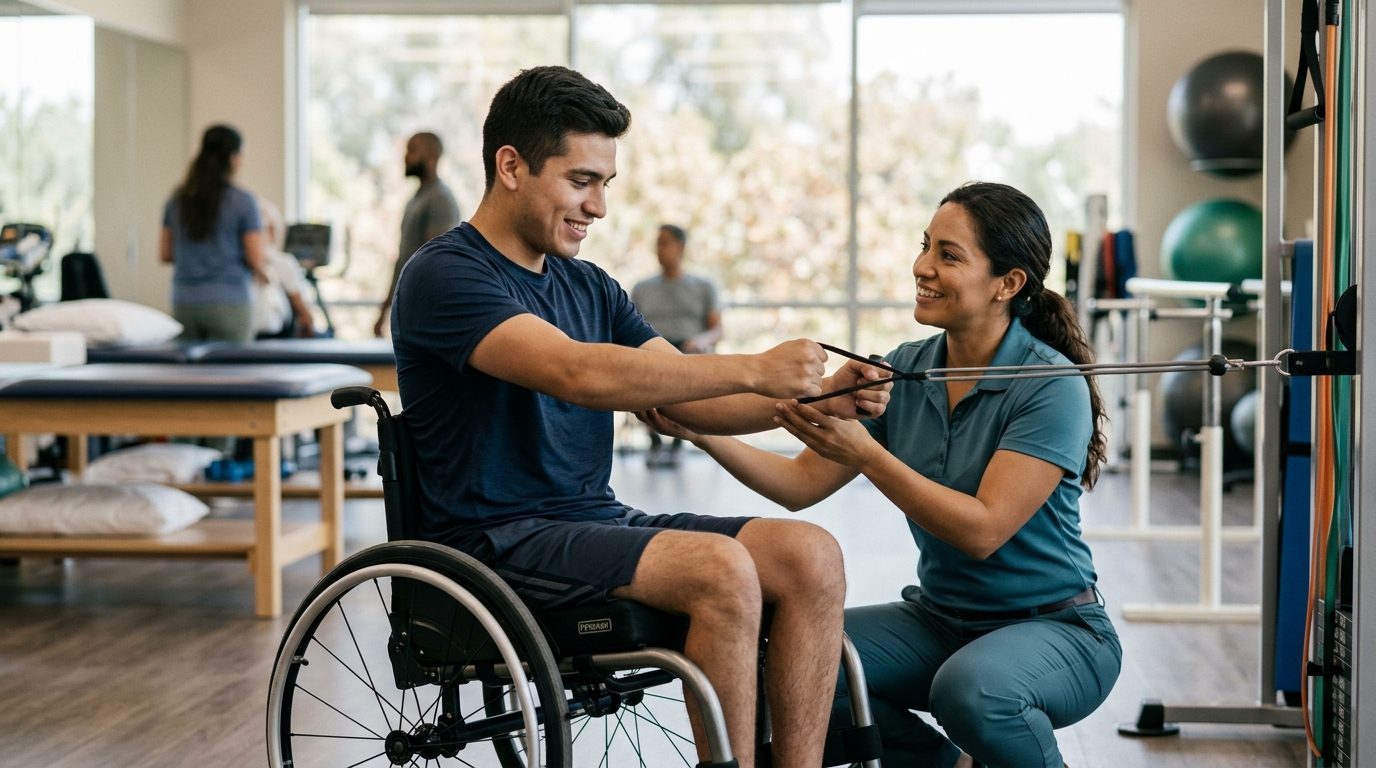 Joven en silla de ruedas con terapeuta físico en gimnasio de rehabilitación de lesiones medulares.