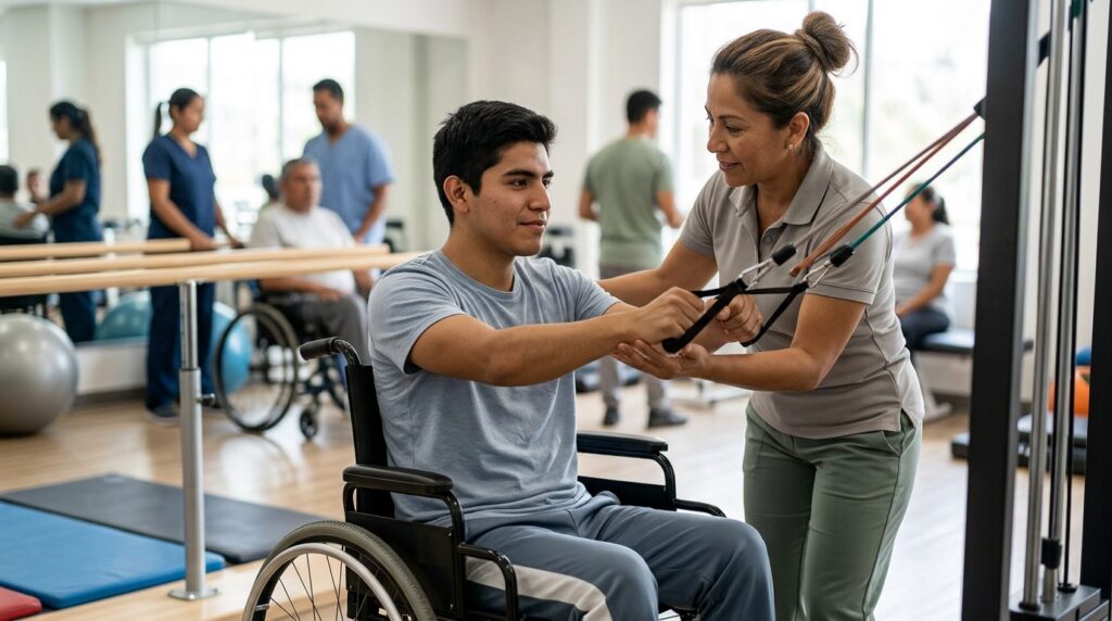 Joven en silla de ruedas durante rehabilitación de lesión medular con fisioterapeuta.