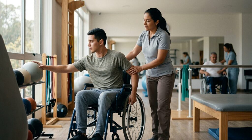 Joven en silla de ruedas durante rehabilitación de lesión medular con terapeuta físico.
