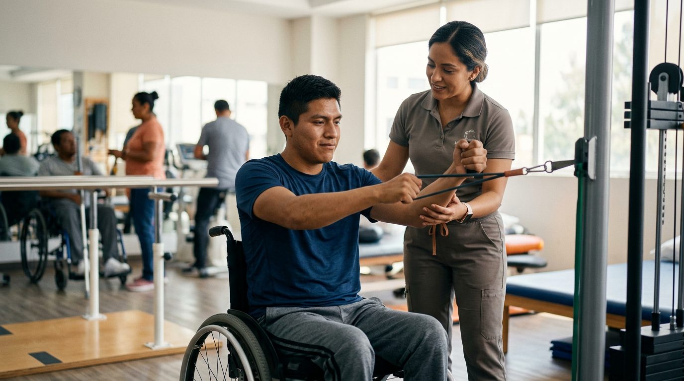 Joven en silla de ruedas durante rehabilitación de lesión medular con fisioterapeuta.