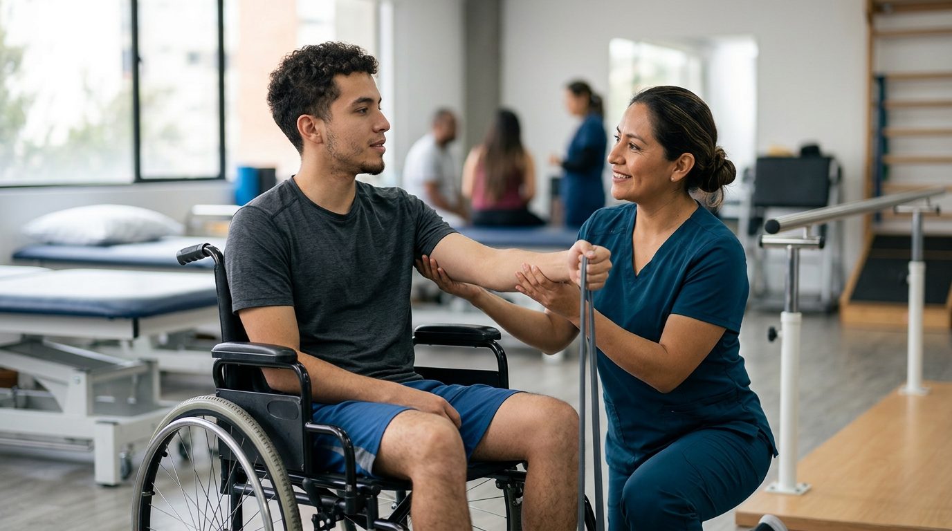 Joven en silla de ruedas durante rehabilitación de lesión medular con fisioterapeuta.