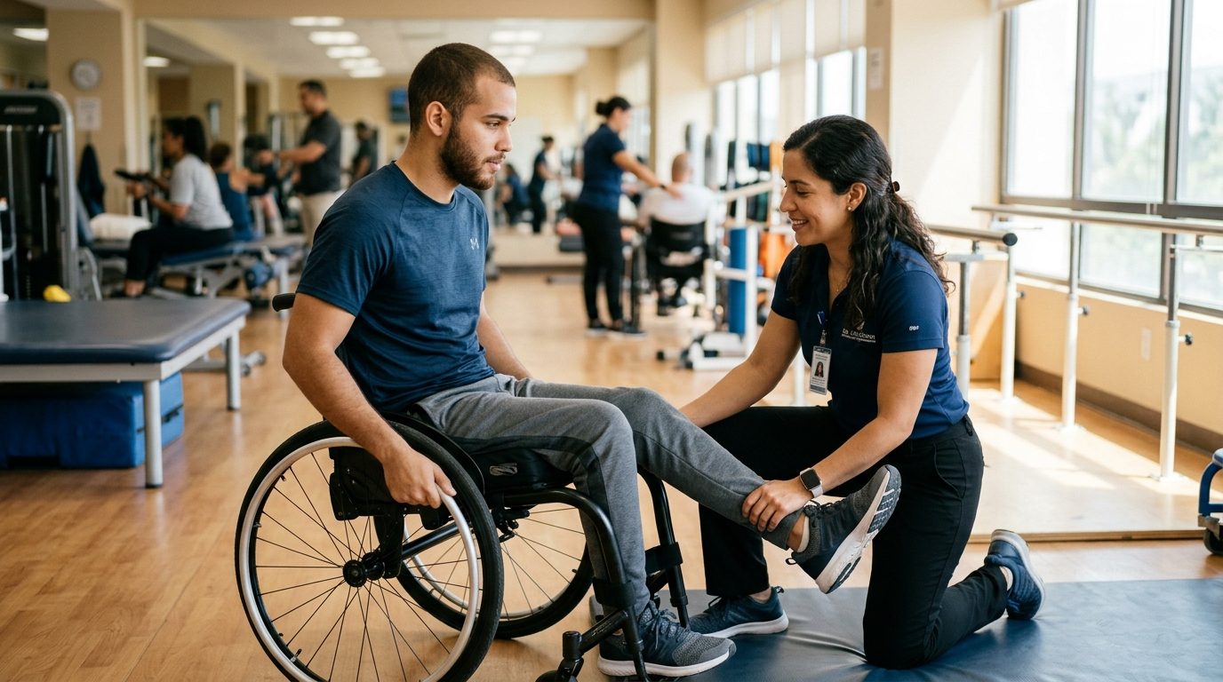 Joven en silla de ruedas durante rehabilitación de lesión medular con fisioterapeuta.
