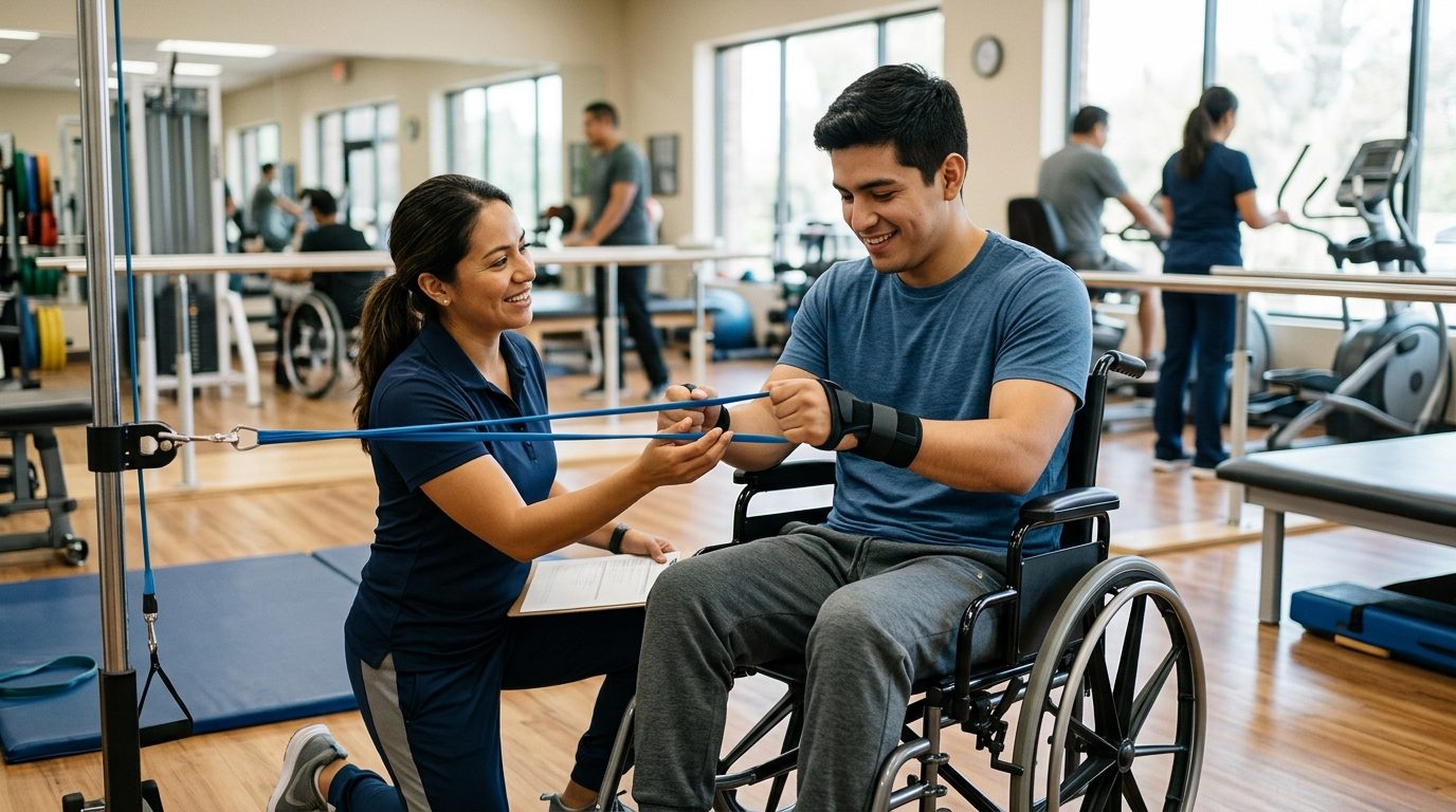 Joven en silla de ruedas durante sesión de rehabilitación con terapeuta físico.