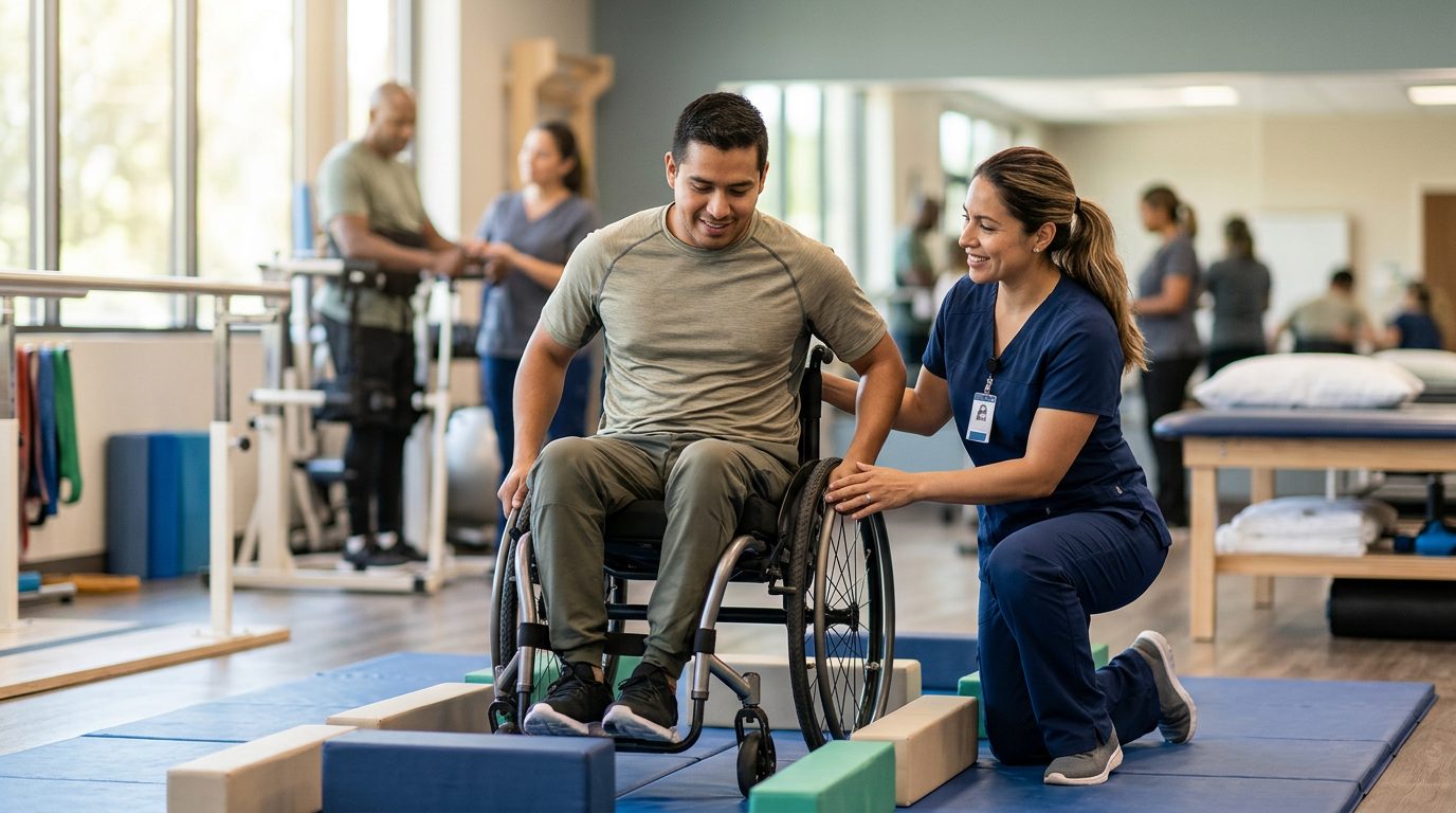 Joven en silla de ruedas durante sesión de rehabilitación con fisioterapeuta.
