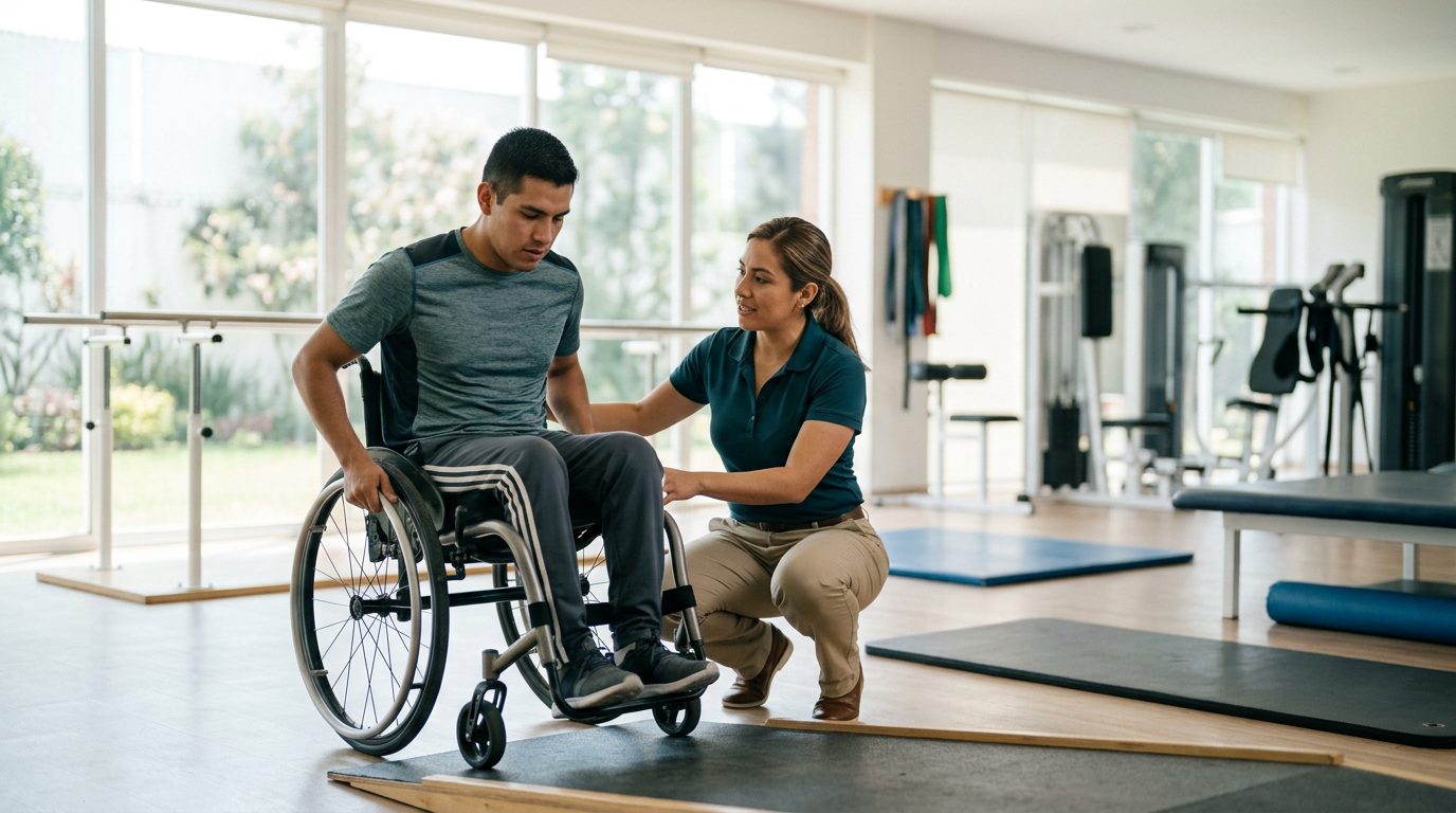 Joven en silla de ruedas durante sesión de rehabilitación con terapeuta físico.