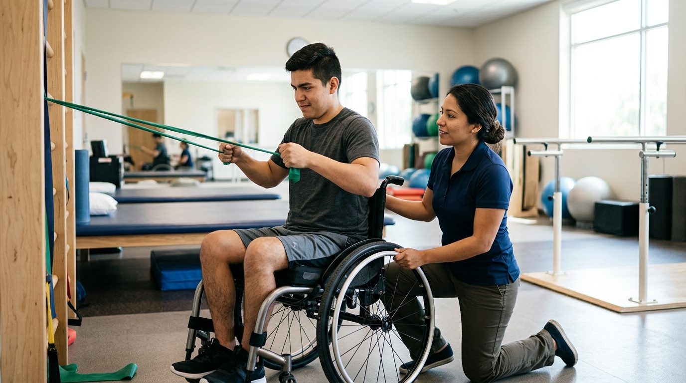 Joven en silla de ruedas durante sesión de rehabilitación con fisioterapeuta en gimnasio.