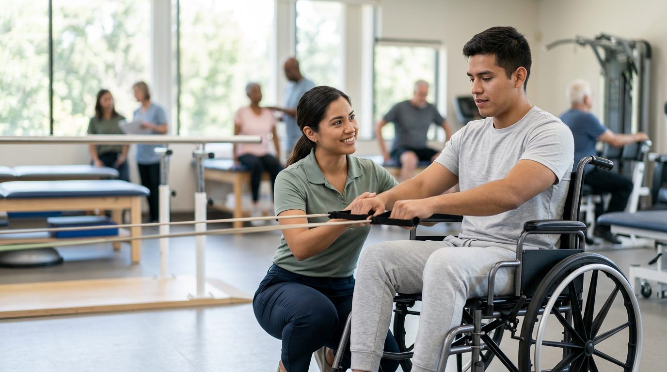 Joven en silla de ruedas durante sesión de rehabilitación con fisioterapeuta en gimnasio especializado.