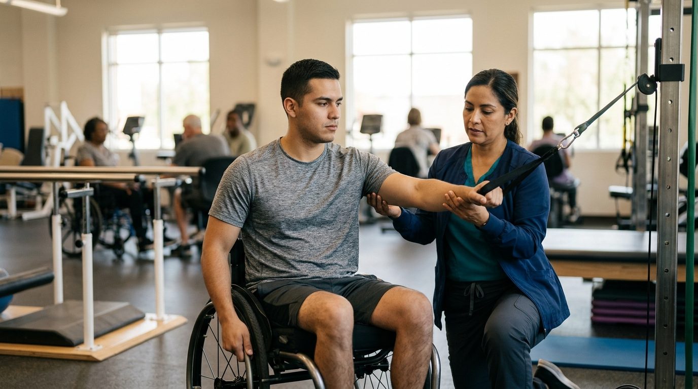Joven en silla de ruedas durante sesión de rehabilitación con fisioterapeuta en gimnasio.
