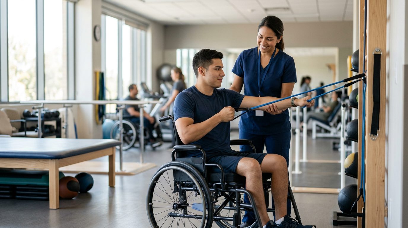 Joven en silla de ruedas durante sesión de rehabilitación con terapeuta físico.