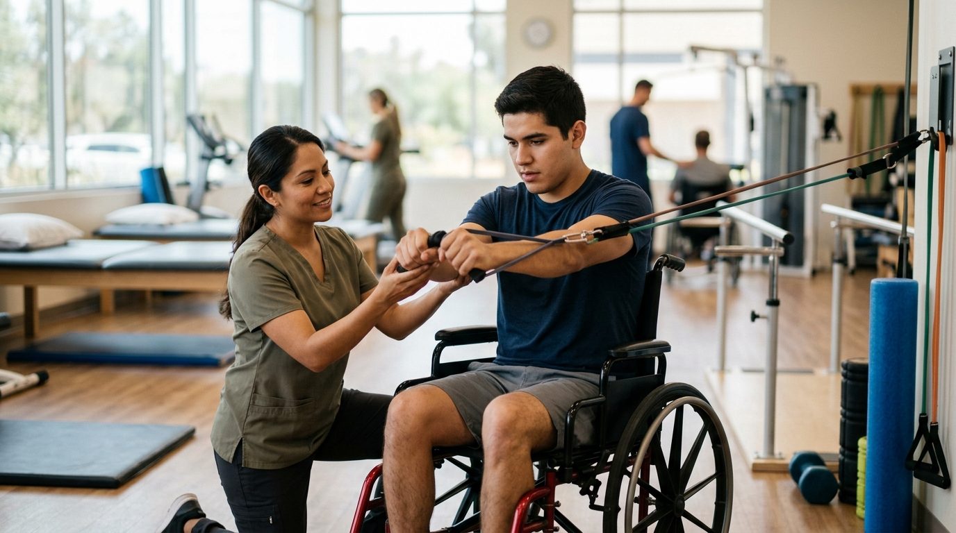 Joven en silla de ruedas durante sesión de rehabilitación con fisioterapeuta en gimnasio especializado.