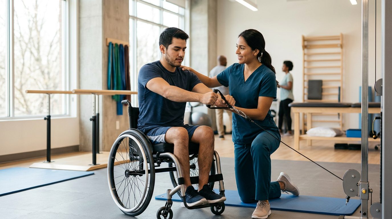 Joven en silla de ruedas durante sesión de rehabilitación con terapeuta físico.